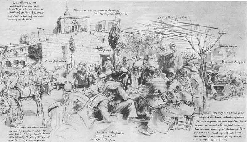 drawing of many armed men in village