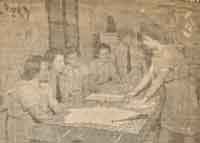 young women clustered around a table on which a dressmaking pattern and material is laid out